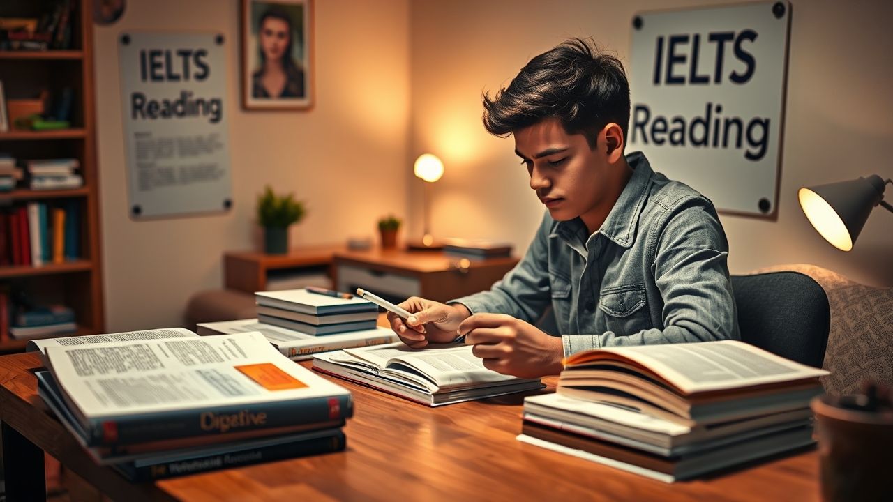 {"prompt":"A focused young student preparing for the IELTS Reading test, sitting at a well-organized study desk with IELTS textbooks and reading materials spread out. The scene is set in a cozy, softly lit room with warm tones, emphasizing concentration and dedication. The background includes a visible poster on the wall highlighting "IELTS Reading" to clearly indicate the exam type. The student is engaged, taking notes while scanning passages, capturing the intensity and importance of understanding the reading test format.nnIELTS Reading: entenda como funciona o teste de leitura. Coloque um jovem estudando para a Prova e deixe claro que e para o IELTS","originalPrompt":"IELTS Reading: entenda como funciona o teste de leitura. Coloque um jovem estudando para a Prova e deixe claro que e para o IELTS","width":1280,"height":720,"seed":46,"model":"flux","enhance":true,"nologo":true,"negative_prompt":"worst quality, blurry","nofeed":false,"safe":false,"isMature":false,"isChild":false}