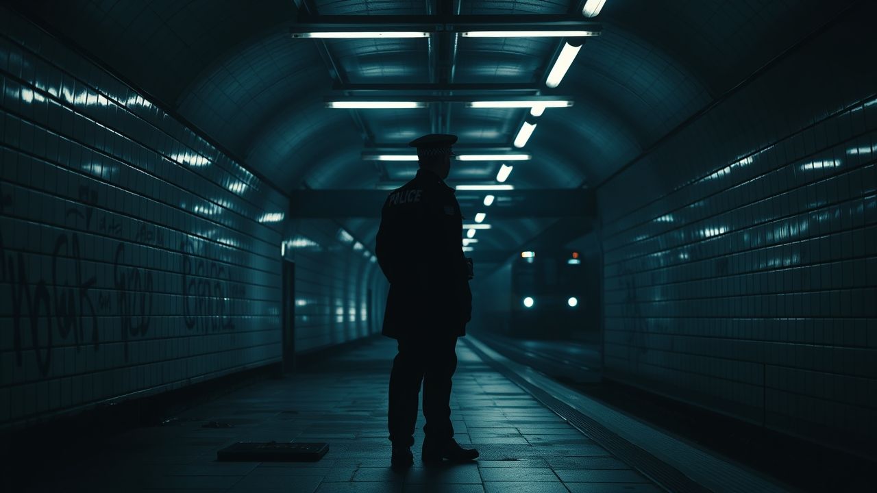 {"prompt":"Create an image that portrays the London Underground in a dark and ominous atmosphere. The scene unfolds underground, illuminated by flickering fluorescent lights casting eerie shadows across the tiled walls. In the foreground, a police figure stands rigidly, their silhouette highlighted against the murky backdrop, while the remains of a recent crime linger in the air. The mood is thick with tension, featuring dark tones of deep blues and blacks contrasted with the harsh white of the overhead lights. Graffiti patterns disturb the sterile environment, and the distant sound of a train rumbling adds to the haunting solitude of the deserted platform. Capture this moment in a gritty, cinematic style reminiscent of film noir, emphasizing the interplay of light and shadow to evoke feelings of dread and suspense.nnfaca uma imagem que represente o Metro de Londres. de uma forma escura e sombria. Apos um assassinato feito pela Policia. ","originalPrompt":"faca uma imagem que represente o Metro de Londres. de uma forma escura e sombria. Apos um assassinato feito pela Policia. nn","width":1280,"height":720,"seed":44,"model":"flux","enhance":true,"nologo":true,"negative_prompt":"worst quality, blurry","nofeed":false,"safe":false,"quality":"medium","image":[],"transparent":false,"isMature":false,"isChild":false}