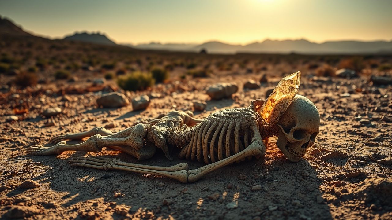 {"prompt":"An archaeological scene set in a prehistoric landscape at dawn, showing a rugged terrain with sparse vegetation and distant mountains. In the foreground, a reconstructed ancient human figure lies motionless on the ground, with visible stone tools nearby. A close-up of a sharply chipped quartz projectile point embedded in the skeleton's shoulder highlights the evidence of violence. Soft morning light casts long shadows, emphasizing the gritty textures of the fossilized remains and the speckled stones. The atmosphere evokes both mystery and significance, illustrating the earliest known evidence of human conflict from twelve thousand years ago with an emphasis on raw, natural materials and a sense of ancient history coming to light.nnCrie uma imagem que represente a noticia da descoberta  da Evidencia mais antiga de violencia em fossil humano: projetil de quartzo matou homem ha 12 mil anos","originalPrompt":"Crie uma imagem que represente a noticia da descoberta  da Evidencia mais antiga de violencia em fossil humano: projetil de quartzo matou homem ha 12 mil anos","width":1280,"height":720,"seed":7135,"model":"flux","enhance":true,"nologo":true,"negative_prompt":"undefined","nofeed":false,"safe":false,"quality":"medium","image":[],"transparent":false,"isMature":false,"isChild":false}
