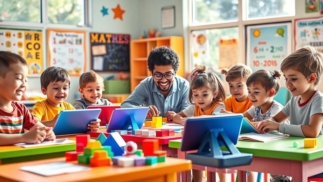 {"prompt":"A vibrant classroom scene where a group of diverse children, aged around six to ten, are engaged in learning mathematics. The children are sitting at colorful desks with cheerful expressions, using math textbooks, tablets, and playful learning aids like number blocks and geometric shapes. Bright sunlight floods the room through large windows adorned with educational posters and colorful artwork. The atmosphere exudes curiosity and enthusiasm, with a teacher guiding the students as they solve problems together. The setting features warm tones, lively decorations, and a joyful ambiance that emphasizes the wonder of discovering mathematical concepts.nnCrie uma imagem que represente criancas estudando matematica","originalPrompt":"Crie uma imagem que represente criancas estudando matematica","width":1280,"height":720,"seed":7133,"model":"flux","enhance":true,"nologo":true,"negative_prompt":"undefined","nofeed":false,"safe":false,"quality":"medium","image":[],"transparent":false,"isMature":false,"isChild":false}