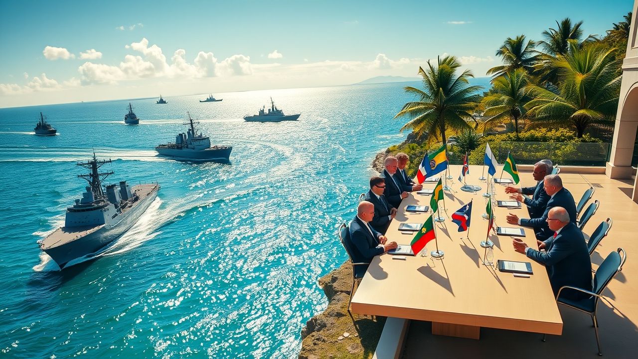 {"prompt":"A vivid scene depicting a fleet of imposing U.S. warships patrolling the azure waters of the Caribbean, their gray hulls cutting through shimmering waves under a bright tropical sky, conveying a sense of power and maritime presence. Nearby, a large, polished conference table set on a lush, sunlit terrace overlooking the sea, adorned with a variety of South American flags, including those of Brazil, Argentina, Chile, and Colombia, arranged neatly along its length. Diplomats and officials in formal attire converse earnestly, with a backdrop of vibrant greenery and distant islands, capturing an atmosphere of tense yet hopeful negotiations amidst a scenic tropical paradise. The lighting emphasizes a warm, golden hue, highlighting both the formidable naval vessels and the diplomatic assembly, blending themes of military strength and international dialogue.nnElabore uma imagem que represente navios de guerra dos Estados Unidos no Caribe e uma mesa de negociacao com bandeiras de paises sul americanos. ","originalPrompt":"Elabore uma imagem que represente navios de guerra dos Estados Unidos no Caribe e uma mesa de negociacao com bandeiras de paises sul americanos. ","width":1280,"height":720,"seed":42,"model":"flux","enhance":false,"nologo":true,"negative_prompt":"undefined","nofeed":false,"safe":false,"quality":"medium","image":[],"transparent":false,"isMature":false,"isChild":false}