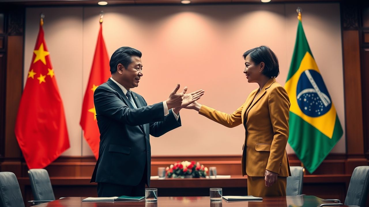 {"prompt":"A powerful political scene depicting a Chinese diplomat or government official extending a supportive gesture towards a Brazilian representative, symbolizing solidarity and alliance. The setting is an international conference room with a backdrop featuring both the Chinese and Brazilian flags prominently displayed, bathed in warm, diplomatic lighting that emphasizes cooperation. The scene captures a moment of mutual understanding, with subtle expressions of trust and partnership, highlighting themes of international solidarity, economic support, and respect for sovereignty. The environment conveys a sense of diplomacy and strategic alliance, with details like documents or banners calling for fair trade and national independence subtly included to reinforce the message of resisting tariffs and defending sovereignty.nnimagem que represente China apoia Brasil contra tarifas de Trump e defende soberania nacional","originalPrompt":"imagem que represente China apoia Brasil contra tarifas de Trump e defende soberania nacional","width":1280,"height":720,"seed":8,"model":"flux","enhance":true,"nologo":true,"negative_prompt":"undefined","nofeed":false,"safe":false,"quality":"medium","image":[],"transparent":false,"isMature":false,"isChild":false}