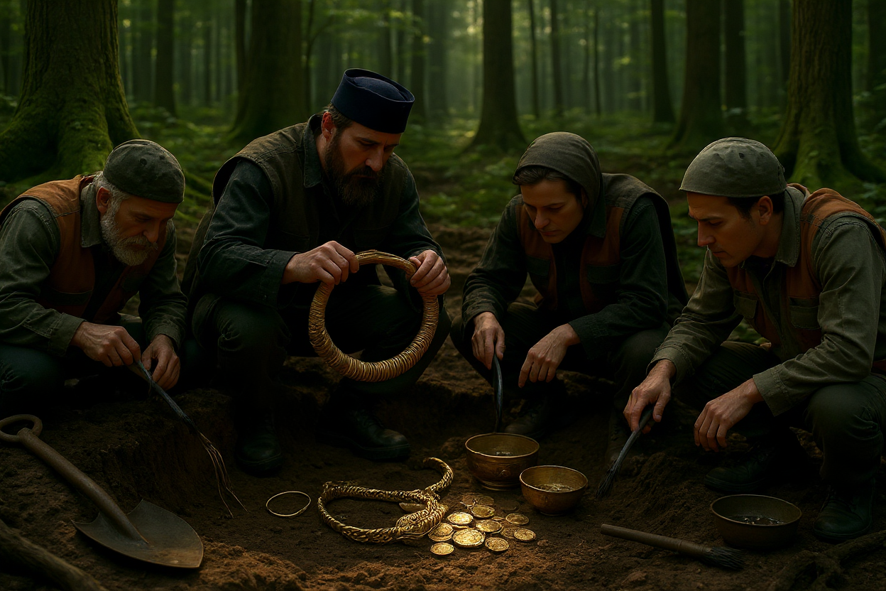 Descoberta de colar de ouro gótico e tesouros romanos na floresta da Polônia 2