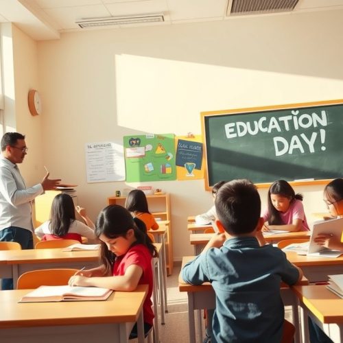 {"prompt":"A vibrant classroom scene celebrating Education Day, featuring a dedicated teacher standing at the chalkboard, actively explaining concepts with expressive gestures, while attentive students sit at their desks immersed in their textbooks. The room is warmly lit with natural sunlight streaming through large windows, casting a cheerful ambiance. Desks are arranged orderly, and colorful educational posters adorn the walls, creating an inspiring learning environment. The teacher wears a professional yet approachable expression, fostering engagement, while students of diverse backgrounds focus intently on their studies, illustrating a lively and inclusive educational atmosphere. The scene captures the spirit of knowledge sharing and curiosity, emphasizing the importance of education in a welcoming, modern classroom setting.nnDia da Educacao. Imagem que retrate uma sala de aula com professor ensinando na lousa e os alunos estudando nos livros.","originalPrompt":"Dia da Educacao. Imagem que retrate uma sala de aula com professor ensinando na lousa e os alunos estudando nos livros.","width":1280,"height":720,"seed":43,"model":"flux","enhance":true,"nologo":true,"negative_prompt":"worst quality, blurry","nofeed":false,"safe":false,"isMature":false,"isChild":false}