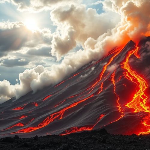 {"prompt":"Create an awe-inspiring image of a volcanic eruption in full force, showcasing a mighty volcano spewing vibrant rivers of molten lava. The landscape is illuminated with fiery shades of orange, red, and yellow as the lava cascades down the rugged slopes, slicing through a dark, rocky terrain. Dense clouds of ash and smoke are billowing into the sky, diffusing shades of gray, while the sun's rays pierce through the chaos, casting an eerie yet captivating light on the scene. The atmosphere is charged with a sense of primal energy and raw power, evoking both fear and fascination in the viewer. Surrounding the volcano, fragments of charred vegetation and scattered boulders hint at the destructive force of nature at play. The setting is dynamic, pulsating with movement and color, transforming the landscape into a surreal, otherworldly spectacle.nnMake a picture of a volcano erupting with lots of lava being gushed","originalPrompt":"Make a picture of a volcano erupting with lots of lava being gushed","width":1280,"height":720,"seed":43,"model":"flux","enhance":true,"nologo":true,"negative_prompt":"worst quality, blurry","nofeed":false,"safe":false,"isMature":false,"isChild":false}