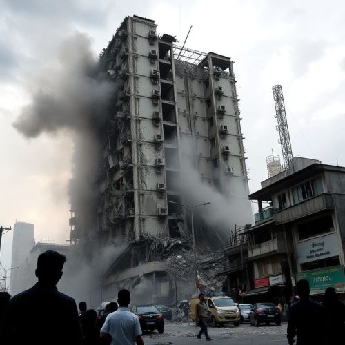{"prompt":"Prompt: An earthquake strikes Myanmar, unleashing chaos and devastation that ripples into neighboring Thailand and China. The scene captures the dramatic moment of a towering building collapsing, its concrete and steel framework crumbling like sandcastles under the relentless force of nature. Dust and debris fill the air, casting a hazy grey shroud over the once-bustling streets. The somber atmosphere is punctuated by the distant wails of sirens and the expressions of disbelief on the faces of onlookers, their silhouettes dark against the pale light of dusk. Surrounding structures exhibit signs of damage, their windows shattered and walls cracked, while the sky above broods ominously, hinting at further calamity. The emotional weight of despair and resilience intertwines in this powerful tableau, painted in muted tones of grey and brown, as the people begin to grapple with the aftermath of this natural disaster.nnTerremoto em Mianmar causa destruicao e afeta Tailandia e China. Predio desabando","originalPrompt":"Terremoto em Mianmar causa destruicao e afeta Tailandia e China. Predio desabandon","width":1280,"height":720,"seed":13,"model":"flux","enhance":true,"nologo":true,"negative_prompt":"worst quality, blurry","nofeed":false,"safe":false,"isMature":false,"isChild":false}
