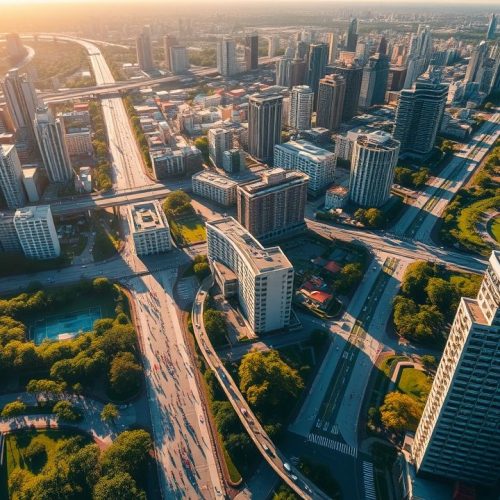 {"prompt":"Prompt: An expansive aerial view of a bustling metropolitan area, showcasing the intricate web of high-rise buildings, sprawling roadways, and vibrant green parks. The scene is bathed in the warm golden light of a late afternoon sun, casting long shadows and illuminating the skyline with a soft glow. Diverse groups of people navigate the sidewalks below, their movements creating a dynamic tapestry of urban life. Presents a kaleidoscope of colors--deep blues of skyscrapers juxtaposed with the greens of urban gardens and the warm earth tones of the streets. The overall mood is alive and bustling, capturing the essence of modern urbanization and its impact on communities and architecture.nnUrbanizacao","originalPrompt":"Urbanizacao","width":1280,"height":720,"seed":42,"model":"flux","enhance":true,"nologo":true,"negative_prompt":"worst quality, blurry","nofeed":false,"safe":false,"isMature":false,"isChild":false}