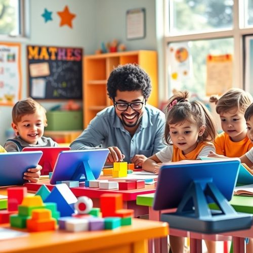 {"prompt":"A vibrant classroom scene where a group of diverse children, aged around six to ten, are engaged in learning mathematics. The children are sitting at colorful desks with cheerful expressions, using math textbooks, tablets, and playful learning aids like number blocks and geometric shapes. Bright sunlight floods the room through large windows adorned with educational posters and colorful artwork. The atmosphere exudes curiosity and enthusiasm, with a teacher guiding the students as they solve problems together. The setting features warm tones, lively decorations, and a joyful ambiance that emphasizes the wonder of discovering mathematical concepts.nnCrie uma imagem que represente criancas estudando matematica","originalPrompt":"Crie uma imagem que represente criancas estudando matematica","width":1280,"height":720,"seed":7133,"model":"flux","enhance":true,"nologo":true,"negative_prompt":"undefined","nofeed":false,"safe":false,"quality":"medium","image":[],"transparent":false,"isMature":false,"isChild":false}