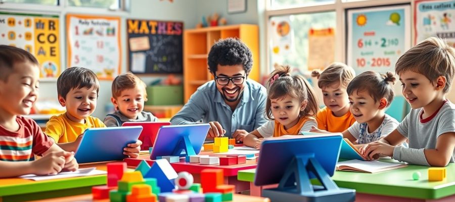 {"prompt":"A vibrant classroom scene where a group of diverse children, aged around six to ten, are engaged in learning mathematics. The children are sitting at colorful desks with cheerful expressions, using math textbooks, tablets, and playful learning aids like number blocks and geometric shapes. Bright sunlight floods the room through large windows adorned with educational posters and colorful artwork. The atmosphere exudes curiosity and enthusiasm, with a teacher guiding the students as they solve problems together. The setting features warm tones, lively decorations, and a joyful ambiance that emphasizes the wonder of discovering mathematical concepts.nnCrie uma imagem que represente criancas estudando matematica","originalPrompt":"Crie uma imagem que represente criancas estudando matematica","width":1280,"height":720,"seed":7133,"model":"flux","enhance":true,"nologo":true,"negative_prompt":"undefined","nofeed":false,"safe":false,"quality":"medium","image":[],"transparent":false,"isMature":false,"isChild":false}
