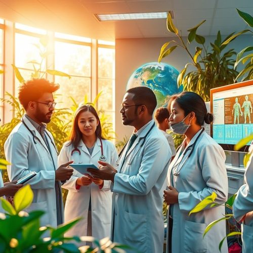 {"prompt":"Create an image that embodies the intersection of medicine and climate change. Envision a futuristic hospital setting surrounded by thriving greenery, symbolizing hope and healing. The scene is bathed in warm, golden sunlight filtering through large windows, enhancing the vivid colors of plants that intertwine with medical equipment. A diverse group of medical professionals--people of various ethnicities and genders--are engaged in discussions, examining data on digital screens that display the effects of climate change on public health. In the background, a mural depicts a healthy planet, illustrating the synergy between medical advancements and environmental sustainability. The overall atmosphere is one of optimism and collaboration, highlighting the urgent need for innovative solutions in healthcare amidst a changing climate.nnCrie uma imagem que represente medicina e mudanca climatica","originalPrompt":"Crie uma imagem que represente medicina e mudanca climatica","width":1280,"height":720,"seed":42,"model":"flux","enhance":true,"nologo":true,"negative_prompt":"undefined","nofeed":false,"safe":false,"quality":"medium","image":[],"transparent":false,"isMature":false,"isChild":false}
