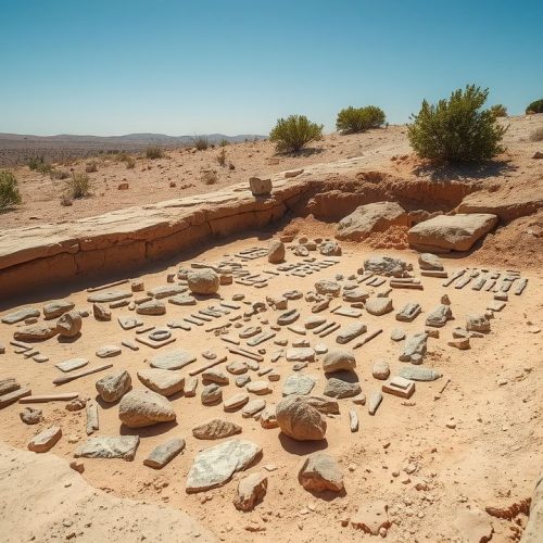 {"prompt":"An archaeological excavation revealing a 5,500-year-old flint workshop located near Kiryat Gat, showcasing ancient tools and hewn stone artifacts arranged meticulously within a dry, sandy excavation site. The scene is illuminated by natural sunlight, highlighting the texture of the aged flint flakes, chipped tools, and remnants of ancient craftwork. Surrounding the site are sparse desert shrubs and distant hills under a clear, blue sky, evoking a sense of historical discovery and prehistoric craftsmanship. The image captures the quiet intensity of scientific excavation, blending archaeological detail with a touch of ancient human ingenuity.nnDescoberta de oficina de silex de 5.500 anos perto de Kiryat Gat","originalPrompt":"Descoberta de oficina de silex de 5.500 anos perto de Kiryat Gat","width":1280,"height":720,"seed":42,"model":"flux","enhance":true,"nologo":true,"negative_prompt":"undefined","nofeed":false,"safe":false,"quality":"medium","image":[],"transparent":false,"isMature":false,"isChild":false}