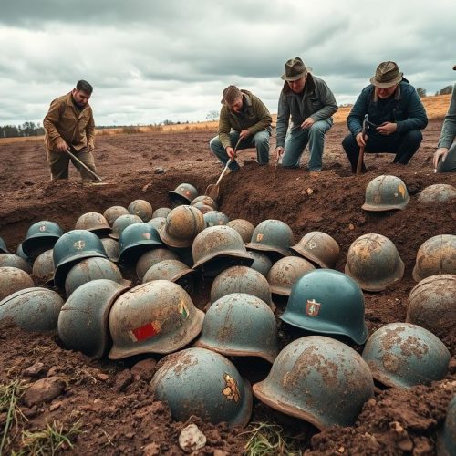 {"prompt":"A dramatic archaeological excavation scene in Poland revealing a hidden trove of fifty vintage WWII helmets partially buried in the earth. The setting is an open field under cloudy skies, showcasing rich soil splattered with dirt and grass. Several archaeologists, dressed in rugged outdoor gear with tools in hand, carefully unearth the helmets, their faces showing curiosity and anticipation. The collection includes a variety of military helmets from different nations, some rusted and weathered, others more preserved, with unique insignias and markings. The overall atmosphere evokes a sense of historical discovery and intrigue, captured with warm, natural lighting emphasizing the texture of the aged metal and soil. The background hints at a remote countryside with sparse vegetation and distant trees, adding to the sense of a significant archaeological finding.nnDescobertos 50 capacetes da era da Segunda Guerra Mundial na Polonia","originalPrompt":"Descobertos 50 capacetes da era da Segunda Guerra Mundial na Polonia","width":1280,"height":720,"seed":42,"model":"flux","enhance":false,"nologo":true,"negative_prompt":"worst quality, blurry","nofeed":false,"safe":false,"quality":"medium","image":[],"transparent":false,"isMature":false,"isChild":false}