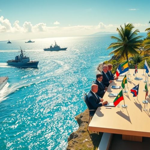 {"prompt":"A vivid scene depicting a fleet of imposing U.S. warships patrolling the azure waters of the Caribbean, their gray hulls cutting through shimmering waves under a bright tropical sky, conveying a sense of power and maritime presence. Nearby, a large, polished conference table set on a lush, sunlit terrace overlooking the sea, adorned with a variety of South American flags, including those of Brazil, Argentina, Chile, and Colombia, arranged neatly along its length. Diplomats and officials in formal attire converse earnestly, with a backdrop of vibrant greenery and distant islands, capturing an atmosphere of tense yet hopeful negotiations amidst a scenic tropical paradise. The lighting emphasizes a warm, golden hue, highlighting both the formidable naval vessels and the diplomatic assembly, blending themes of military strength and international dialogue.nnElabore uma imagem que represente navios de guerra dos Estados Unidos no Caribe e uma mesa de negociacao com bandeiras de paises sul americanos. ","originalPrompt":"Elabore uma imagem que represente navios de guerra dos Estados Unidos no Caribe e uma mesa de negociacao com bandeiras de paises sul americanos. ","width":1280,"height":720,"seed":42,"model":"flux","enhance":false,"nologo":true,"negative_prompt":"undefined","nofeed":false,"safe":false,"quality":"medium","image":[],"transparent":false,"isMature":false,"isChild":false}