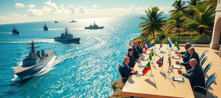 {"prompt":"A vivid scene depicting a fleet of imposing U.S. warships patrolling the azure waters of the Caribbean, their gray hulls cutting through shimmering waves under a bright tropical sky, conveying a sense of power and maritime presence. Nearby, a large, polished conference table set on a lush, sunlit terrace overlooking the sea, adorned with a variety of South American flags, including those of Brazil, Argentina, Chile, and Colombia, arranged neatly along its length. Diplomats and officials in formal attire converse earnestly, with a backdrop of vibrant greenery and distant islands, capturing an atmosphere of tense yet hopeful negotiations amidst a scenic tropical paradise. The lighting emphasizes a warm, golden hue, highlighting both the formidable naval vessels and the diplomatic assembly, blending themes of military strength and international dialogue.nnElabore uma imagem que represente navios de guerra dos Estados Unidos no Caribe e uma mesa de negociacao com bandeiras de paises sul americanos. ","originalPrompt":"Elabore uma imagem que represente navios de guerra dos Estados Unidos no Caribe e uma mesa de negociacao com bandeiras de paises sul americanos. ","width":1280,"height":720,"seed":42,"model":"flux","enhance":false,"nologo":true,"negative_prompt":"undefined","nofeed":false,"safe":false,"quality":"medium","image":[],"transparent":false,"isMature":false,"isChild":false}