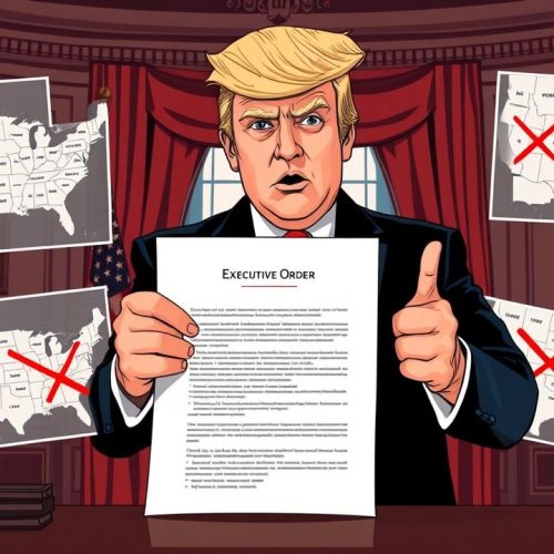 {"prompt":"Create an illustration depicting former President Trump aggressively opposing state-level climate policies through a new executive order. The scene is set inside a grand, traditional White House office with classic American decor, where Trump is portrayed mid-speech, pointing decisively toward a large document labeled "Executive Order." Surrounding him are visuals of state maps highlighting various climate regulations, some marked with red crosses indicating cancellation. The lighting is stark and dramatic, emphasizing tension and conflict, with muted earth tones contrasted by sharp reds and blues to symbolize political struggle. The atmosphere conveys a charged political moment marked by resistance to environmental initiatives.nnFaca imagem que represente Trump ataca politicas climaticas estaduais em nova ordem executiva","originalPrompt":"Faca imagem que represente Trump ataca politicas climaticas estaduais em nova ordem executiva","width":1280,"height":720,"seed":2132156,"model":"flux","enhance":true,"nologo":true,"negative_prompt":"worst quality, blurry","nofeed":false,"safe":false,"quality":"medium","image":[],"transparent":false,"isMature":false,"isChild":false}