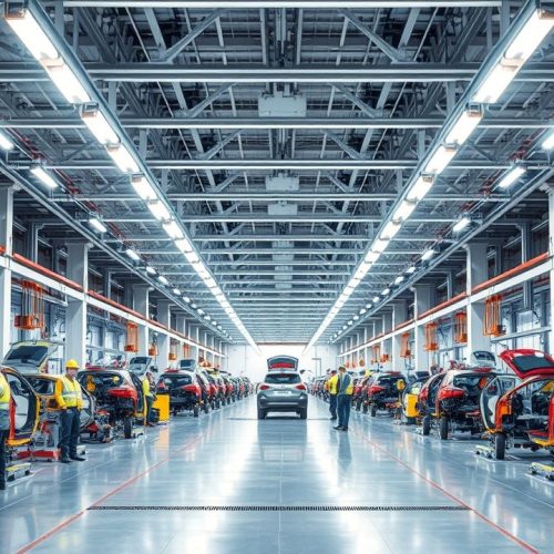 {"prompt":"Create an image depicting the interior of an automobile factory, featuring a sparse number of workers. The scene is set in a spacious, well-lit area with high ceilings adorned with bright, overhead fluorescent lights that cast a stark glow on the metallic surfaces of the manufacturing equipment. Colorful pieces of auto parts are organized neatly on assembly lines, juxtaposed against the sleek and modern design of the factory. The atmosphere is industrious yet serene, with workers in safety gear, focused on their tasks, showcasing the precision involved in vehicle production. The palette includes cool grays and blues, emphasizing the technological aspect of the environment, while vibrant splashes of color from the vehicles under construction create a lively contrast.nnFaca uma imagem representando a parte interna de uma industria de automoveis. com poucos trabalhadores. ","originalPrompt":"Faca uma imagem representando a parte interna de uma industria de automoveis. com poucos trabalhadores. ","width":1280,"height":720,"seed":8303,"model":"flux","enhance":true,"nologo":true,"negative_prompt":"worst quality, blurry","nofeed":false,"safe":false,"quality":"medium","image":[],"transparent":false,"isMature":false,"isChild":false}
