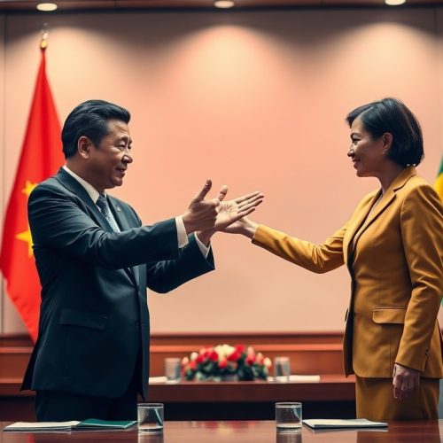 {"prompt":"A powerful political scene depicting a Chinese diplomat or government official extending a supportive gesture towards a Brazilian representative, symbolizing solidarity and alliance. The setting is an international conference room with a backdrop featuring both the Chinese and Brazilian flags prominently displayed, bathed in warm, diplomatic lighting that emphasizes cooperation. The scene captures a moment of mutual understanding, with subtle expressions of trust and partnership, highlighting themes of international solidarity, economic support, and respect for sovereignty. The environment conveys a sense of diplomacy and strategic alliance, with details like documents or banners calling for fair trade and national independence subtly included to reinforce the message of resisting tariffs and defending sovereignty.nnimagem que represente China apoia Brasil contra tarifas de Trump e defende soberania nacional","originalPrompt":"imagem que represente China apoia Brasil contra tarifas de Trump e defende soberania nacional","width":1280,"height":720,"seed":8,"model":"flux","enhance":true,"nologo":true,"negative_prompt":"undefined","nofeed":false,"safe":false,"quality":"medium","image":[],"transparent":false,"isMature":false,"isChild":false}