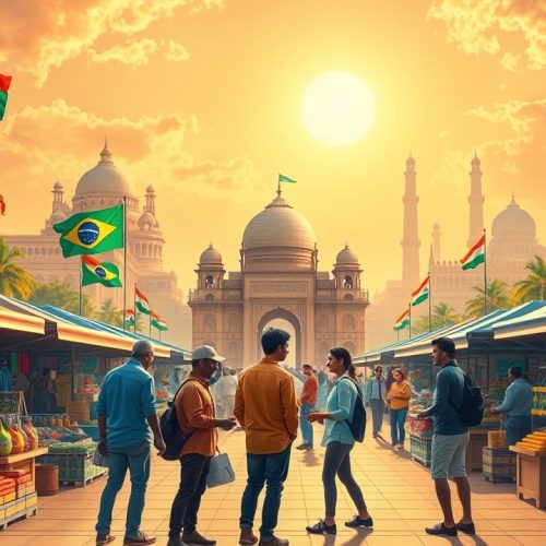 {"prompt":"A dynamic scene illustrating strengthened economic ties between Brazil and India, featuring a vibrant marketplace with colorful stalls showcasing traditional and modern goods from both countries. In the foreground, entrepreneurs exchange products and ideas, symbolizing collaboration and mutual growth. Behind them, iconic landmarks from Brasilia and New Delhi blend into a seamless skyline under a bright, hopeful sky, accented with warm sunlight illuminating the scene. The atmosphere exudes optimism and renewed partnership, with elements like international flags fluttering together and digital graphs subtly integrated into the background to represent economic integration and trade expansion.nnimagem que represente uma maior integracao entre Brasil e India apos tarifaco","originalPrompt":"imagem que represente uma maior integracao entre Brasil e India apos tarifaco","width":1280,"height":720,"seed":10767,"model":"flux","enhance":true,"nologo":true,"negative_prompt":"undefined","nofeed":false,"safe":false,"quality":"medium","image":[],"transparent":false,"isMature":false,"isChild":false}